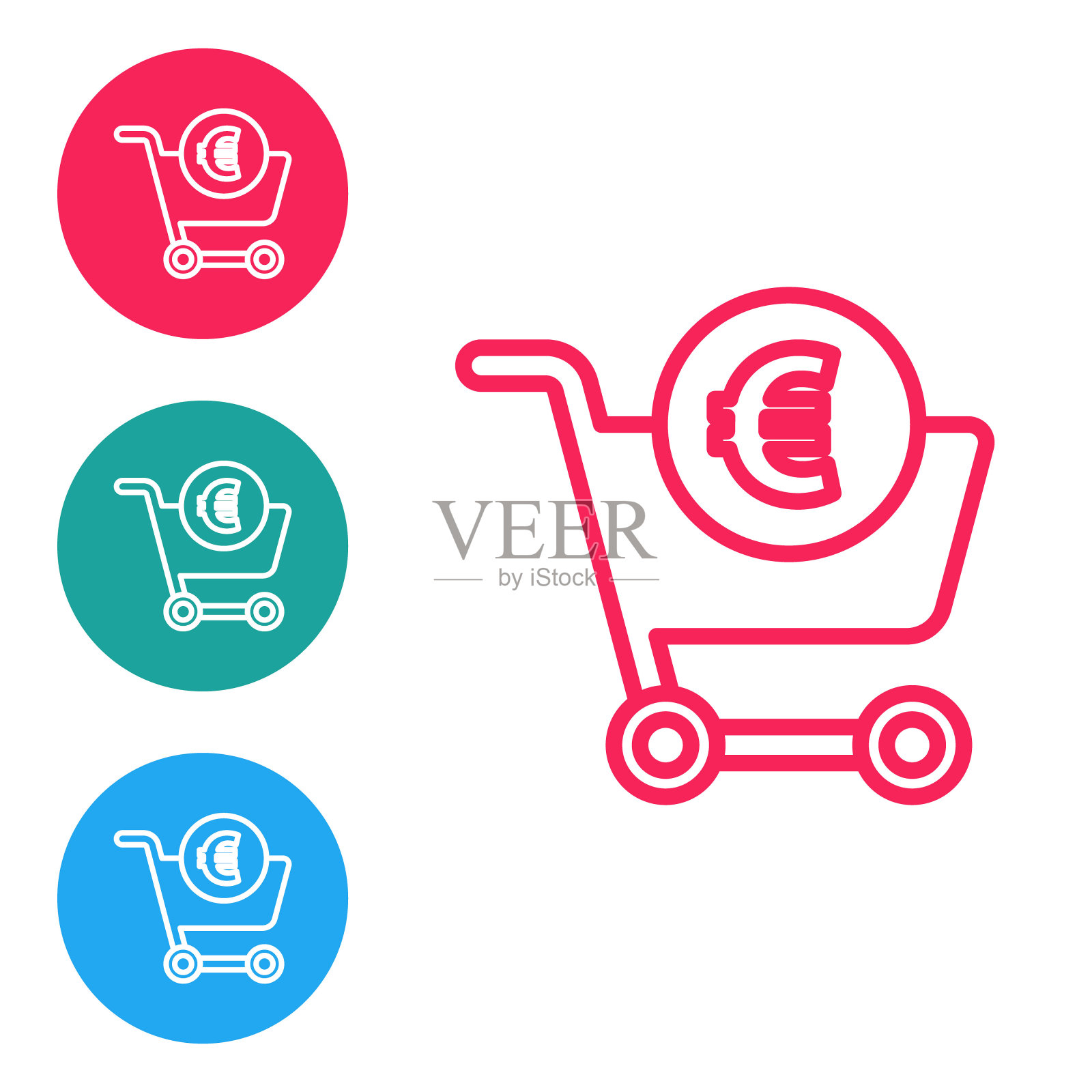 红色线购物车和欧元符号图标孤立在白色背景。网上购物的概念。送货服务。购物车。在圆形按钮中设置图标。矢量图图标素材