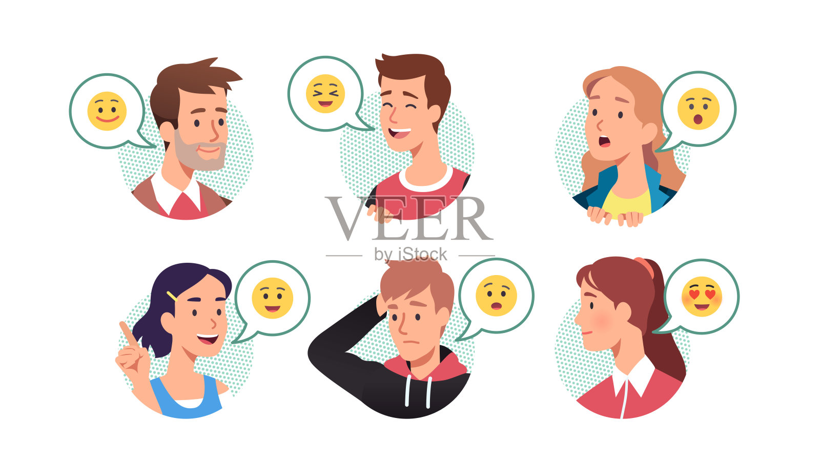 男人和女人谈论表达情感。快乐的,惊讶的,疑惑的,困惑的人们笑着,做着手势,挠头。面部表情通讯装置。平面矢量面插图插画图片素材