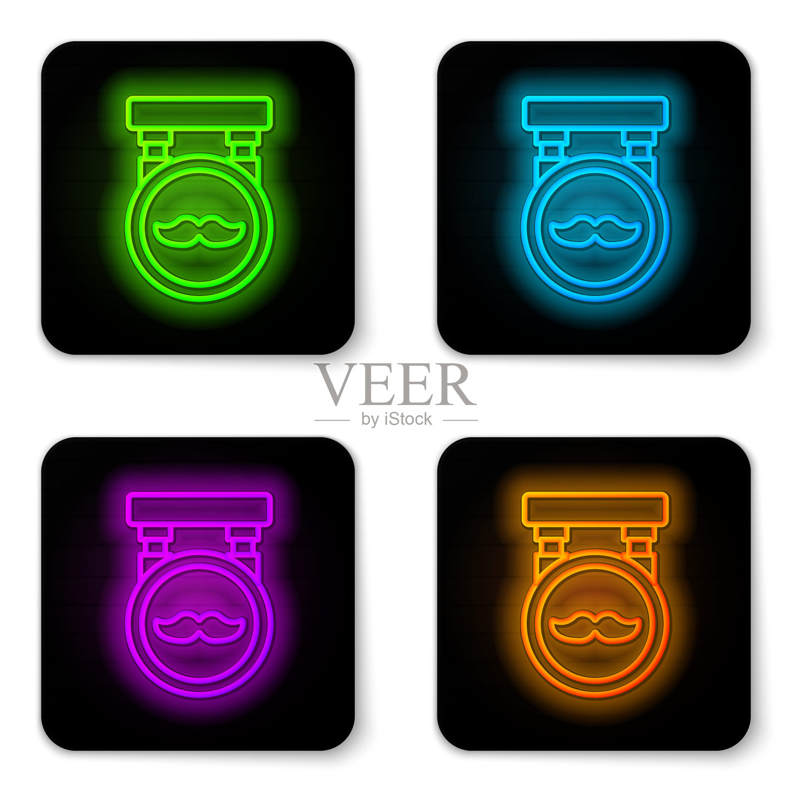 发光的霓虹灯线理发店图标孤立在白色的背景。美发师标志或招牌。黑色方形按钮。矢量图图标素材