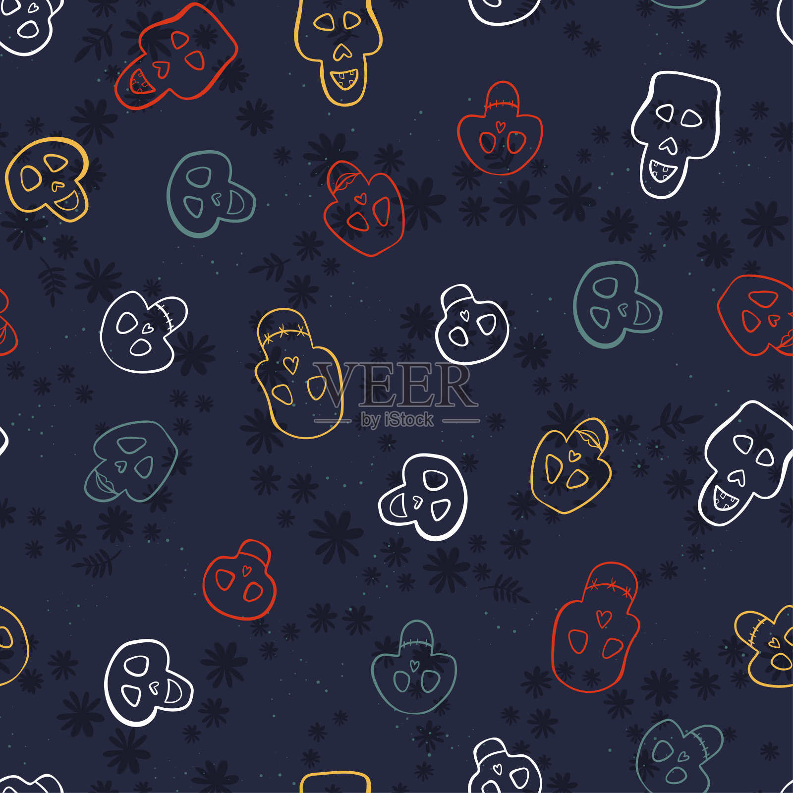 亡灵节,Dia de los muertos背景和无缝模式,手绘装饰和鲜花,伟大的纺织品,横幅,壁纸,包装-矢量设计插画图片素材