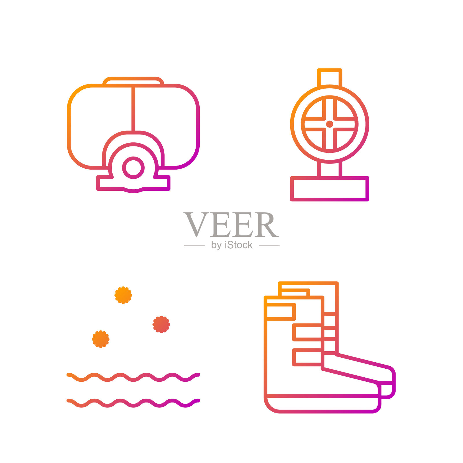 集系列靴子、防冷防浪、潜水面罩及工业金属管及阀门。渐变颜色图标。向量图标素材