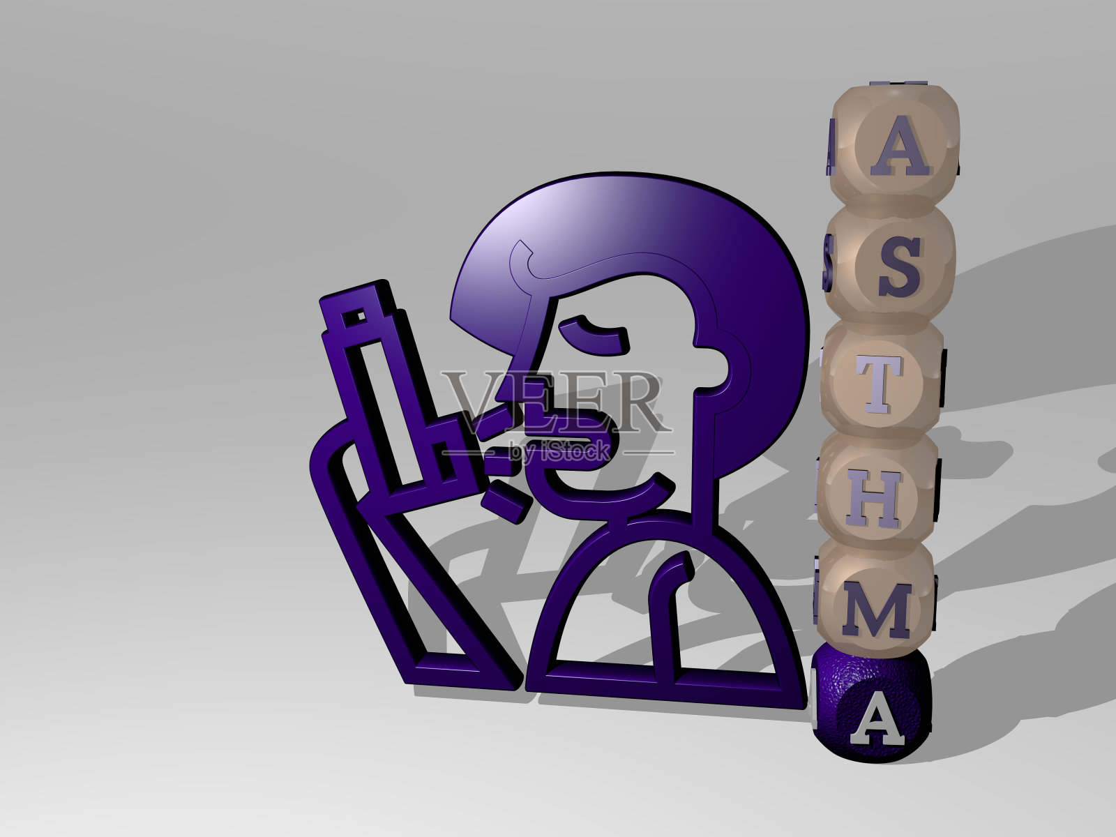 哮喘的3D表现与图标在墙上和文本安排由金属立方体字母在镜子地板上的概念意义和幻灯片演示。过敏和插图照片摄影图片