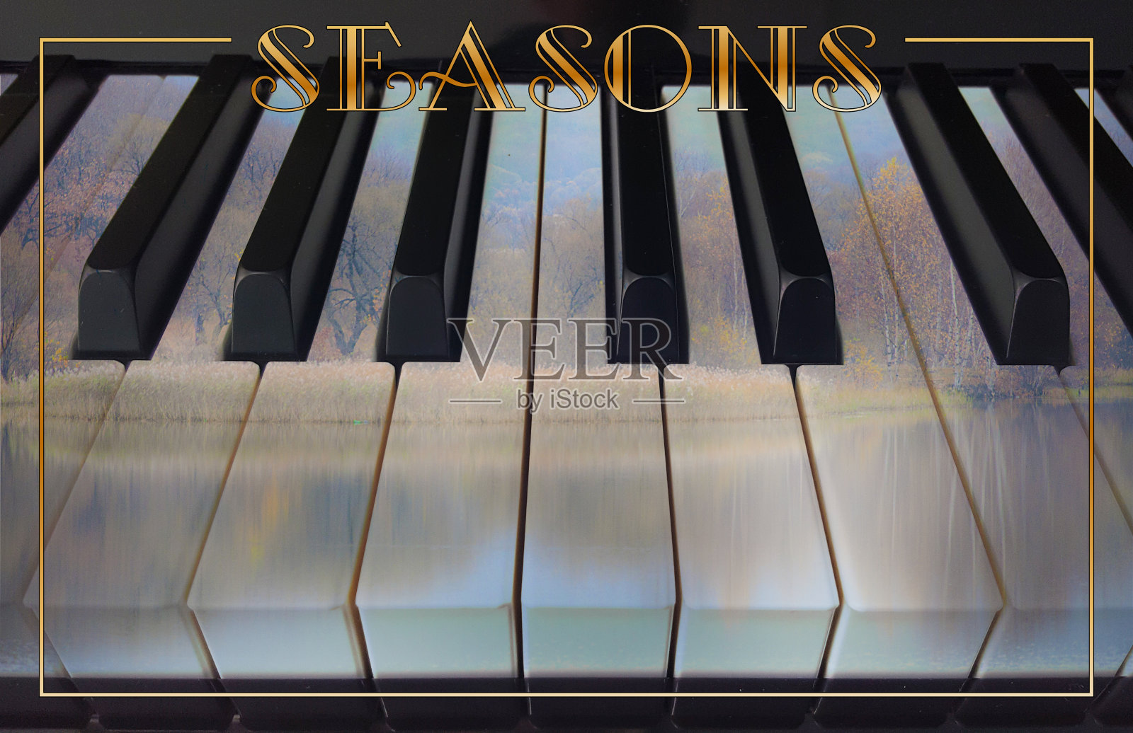 古典音乐背景照片双曝光的钢琴琴键和秋景创意照片摄影图片