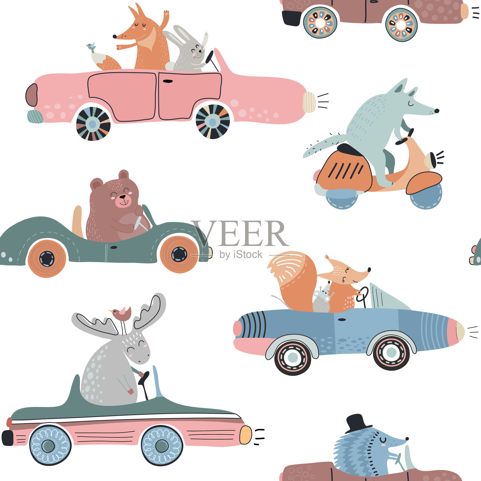 可爱的矢量无缝模式与有趣的森林动物在汽车上插画图片素材