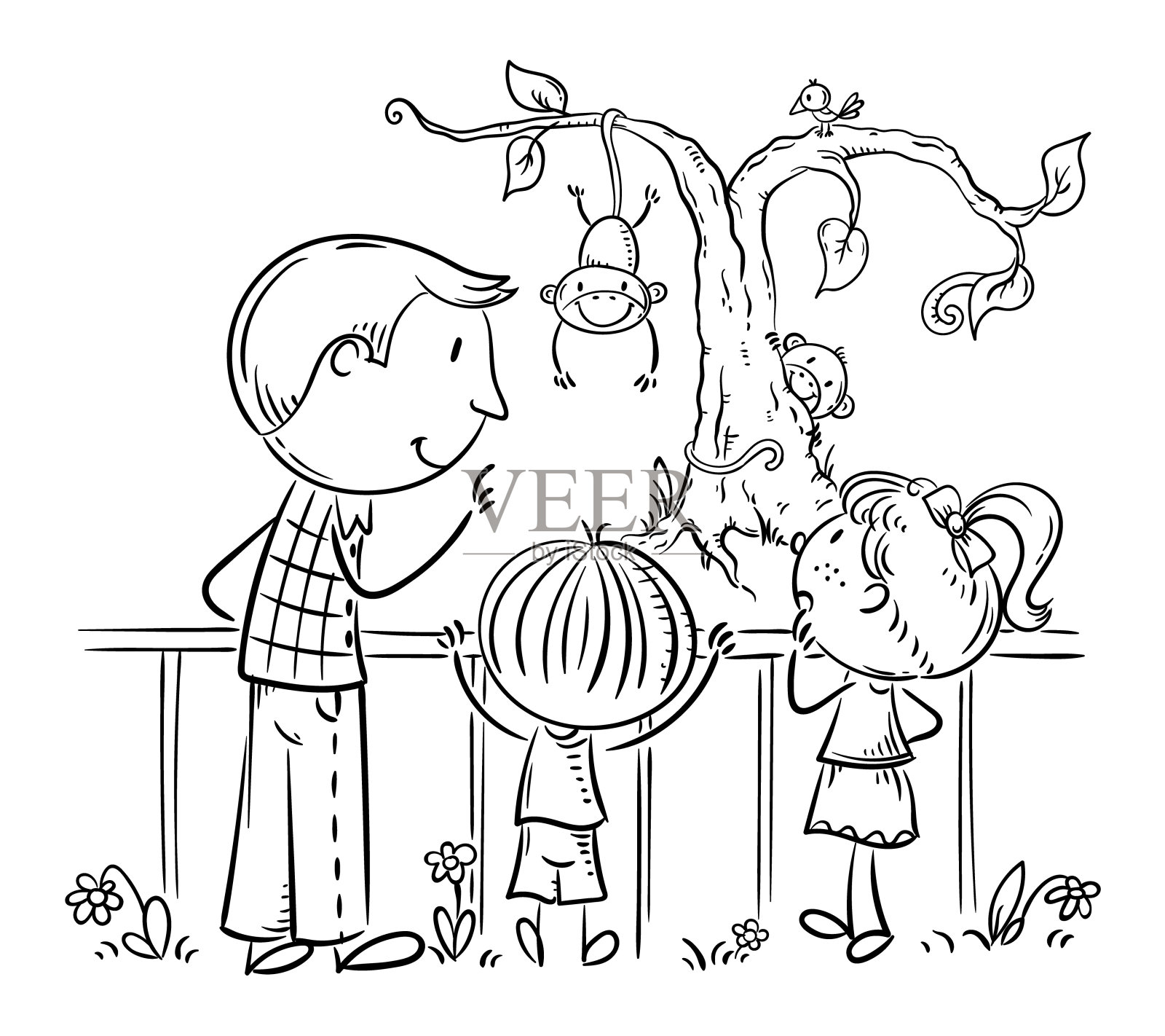 父亲,老师或导游,在动物园观赏动物插画图片素材