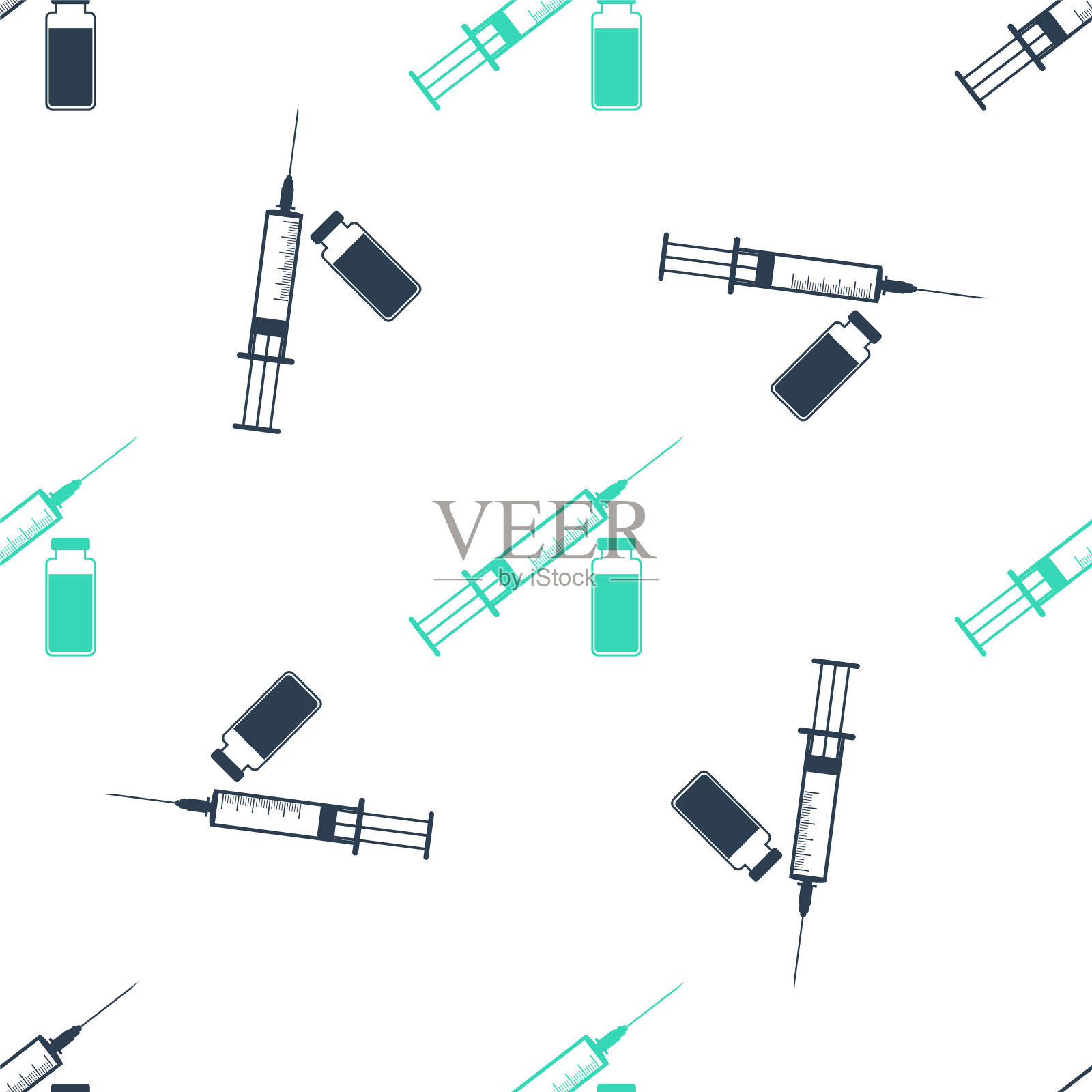 绿色医用注射器,白色背景上有针和小瓶或安瓿图标隔离无缝模式。疫苗,注射,疫苗,胰岛素概念。向量插画图片素材