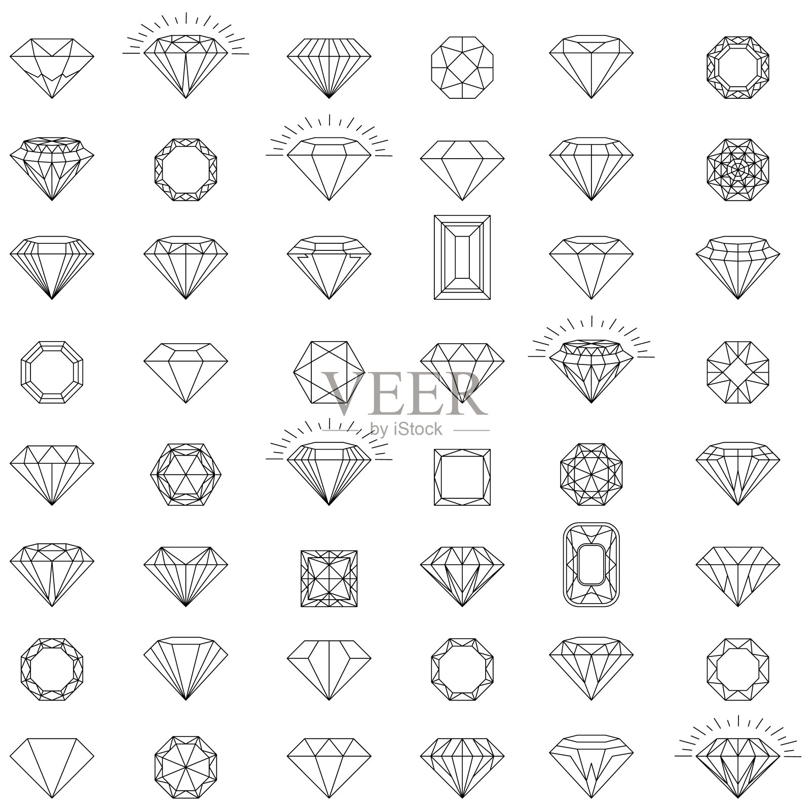 钻石首饰,高档礼品。钻石的标志。一组矢量图标。黑色,线性和彩色奢侈的象征。插画图片素材