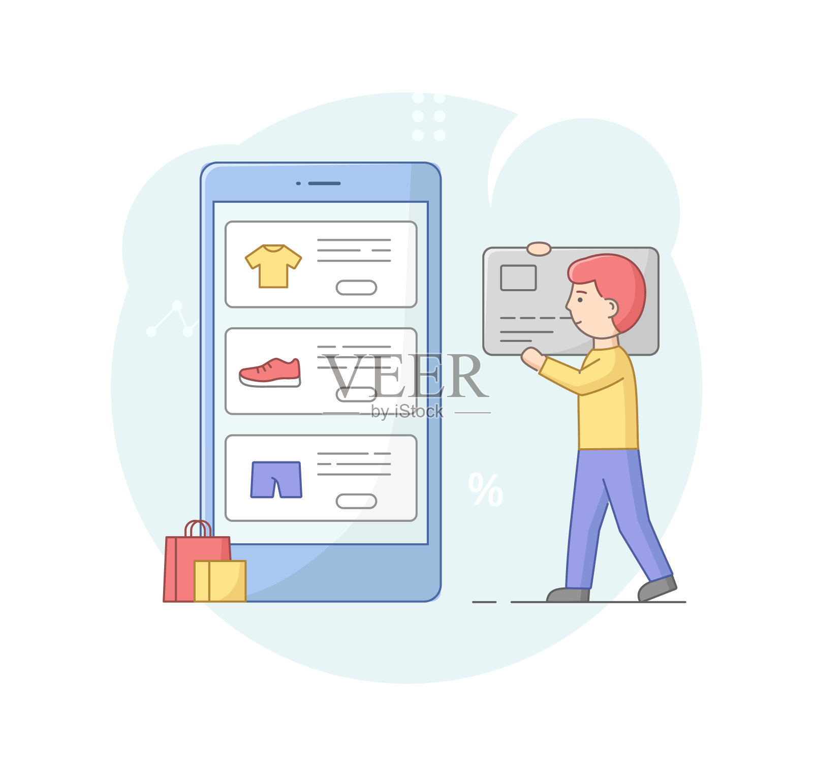 网上购物的概念。男孩在网上购物。网上订购商品,在网上商店购物用信用卡付款。卡通线性轮廓扁平风格。矢量图插画图片素材