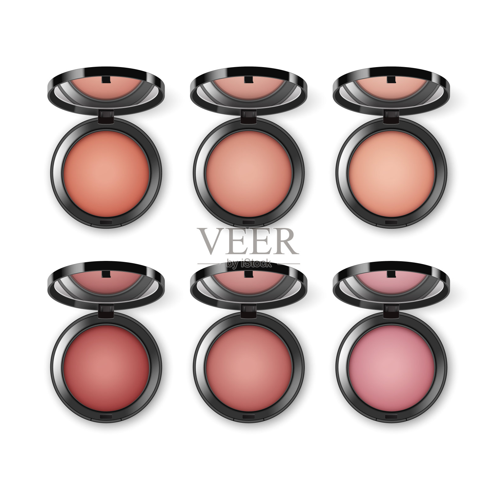 矢量集的腮红在黑色圆形塑料案件与镜子顶视图隔离在白色背景插画图片素材