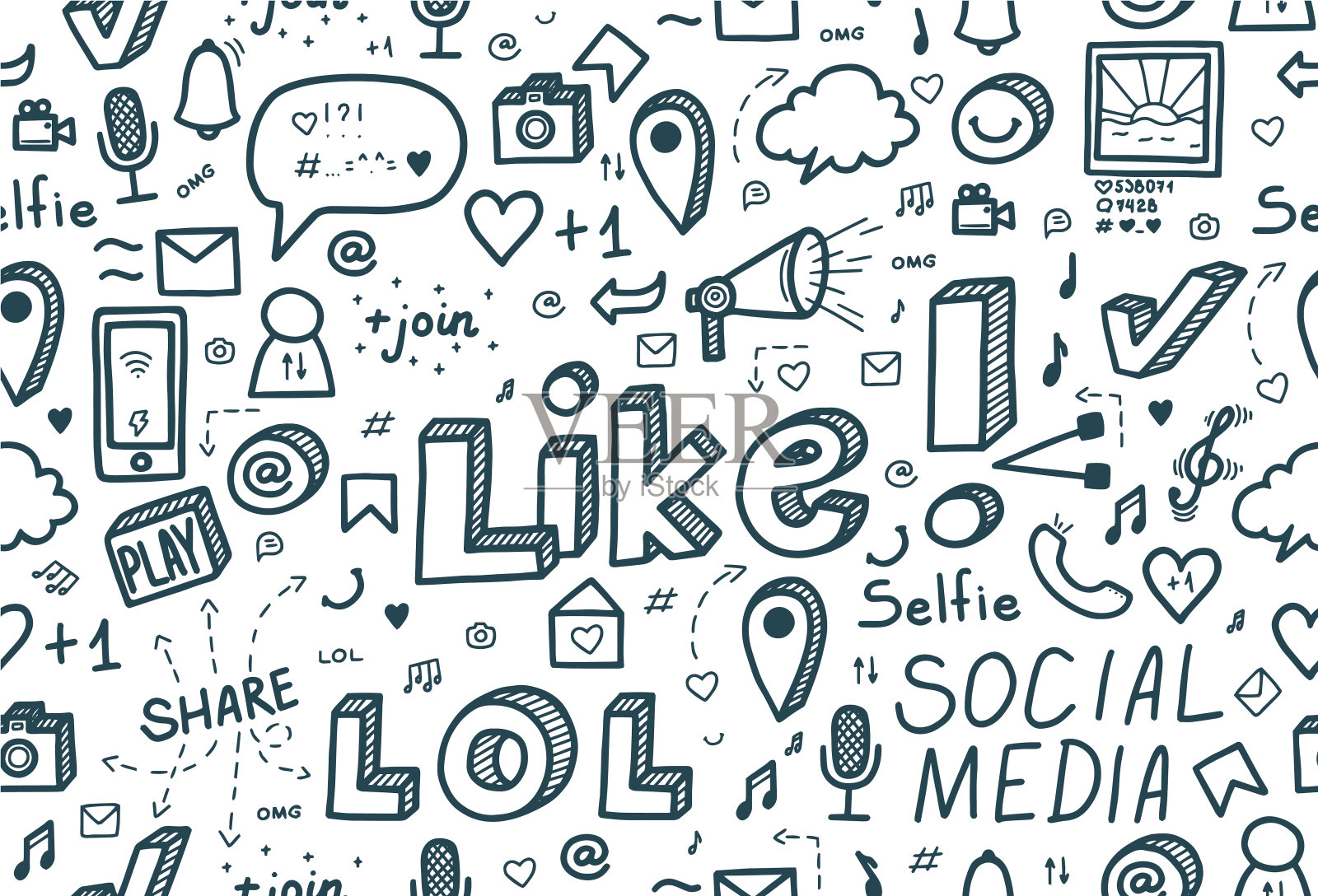 社交媒体涂鸦无缝模式。向量llustration。插画图片素材