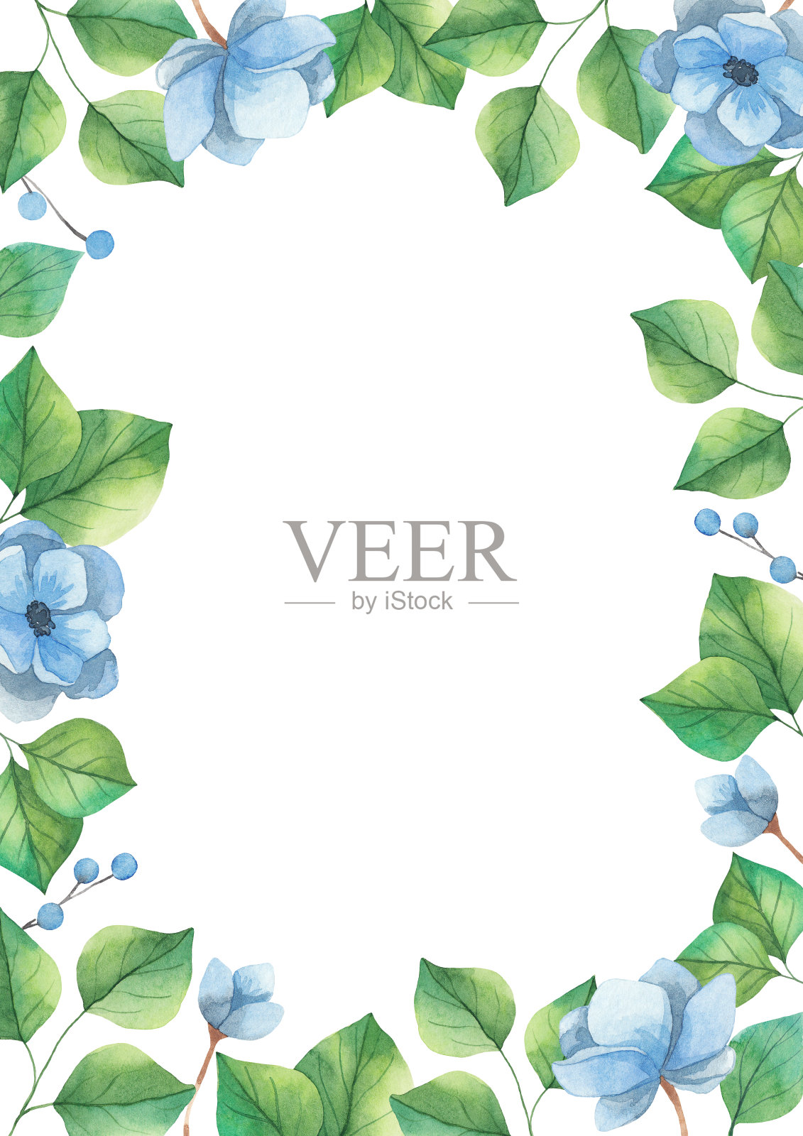 绿色植物和蓝色银莲花的水彩画框架。水彩元素孤立的白色背景插画图片素材