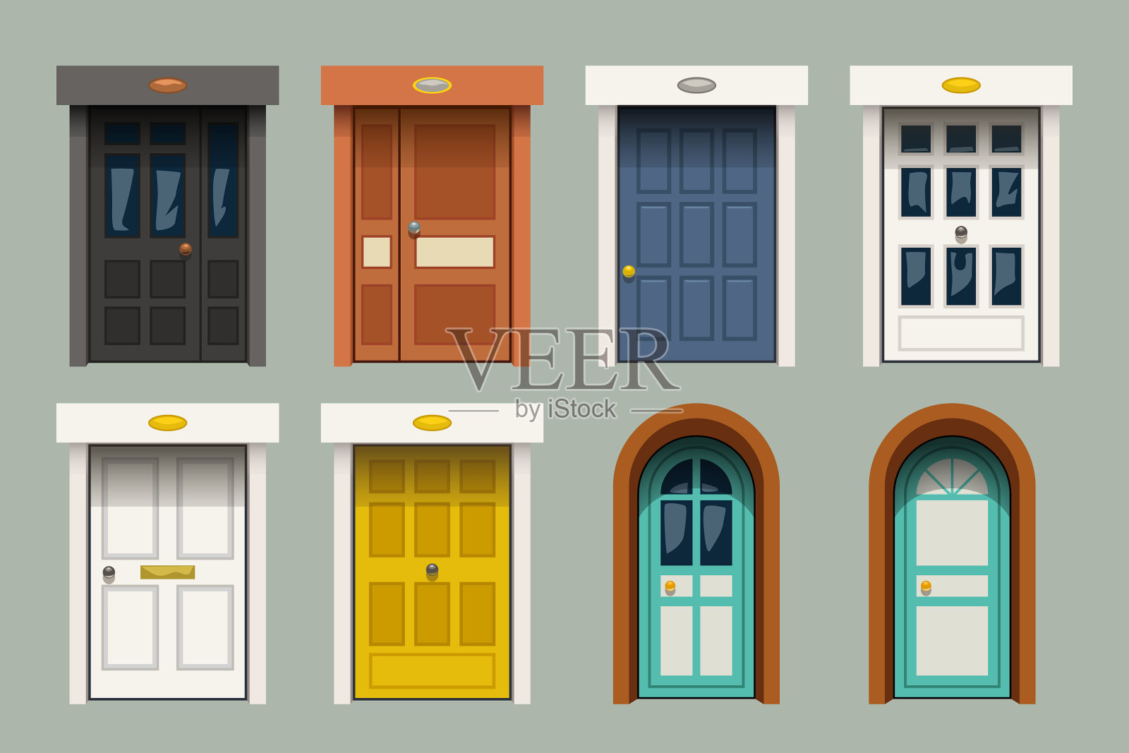 复古门设置在绿色插画图片素材