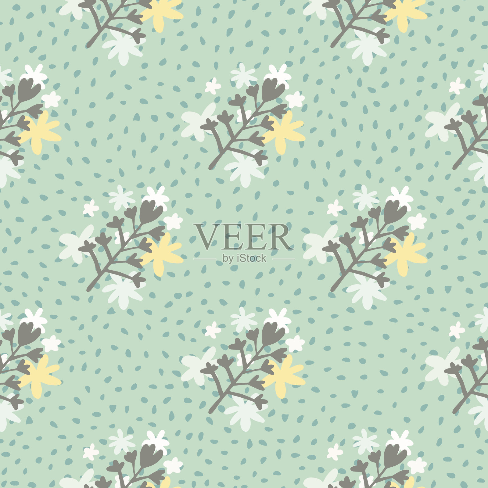雏菊花束剪影无缝图案。灰色植物元素在柔和的淡绿松石背景与点。插画图片素材