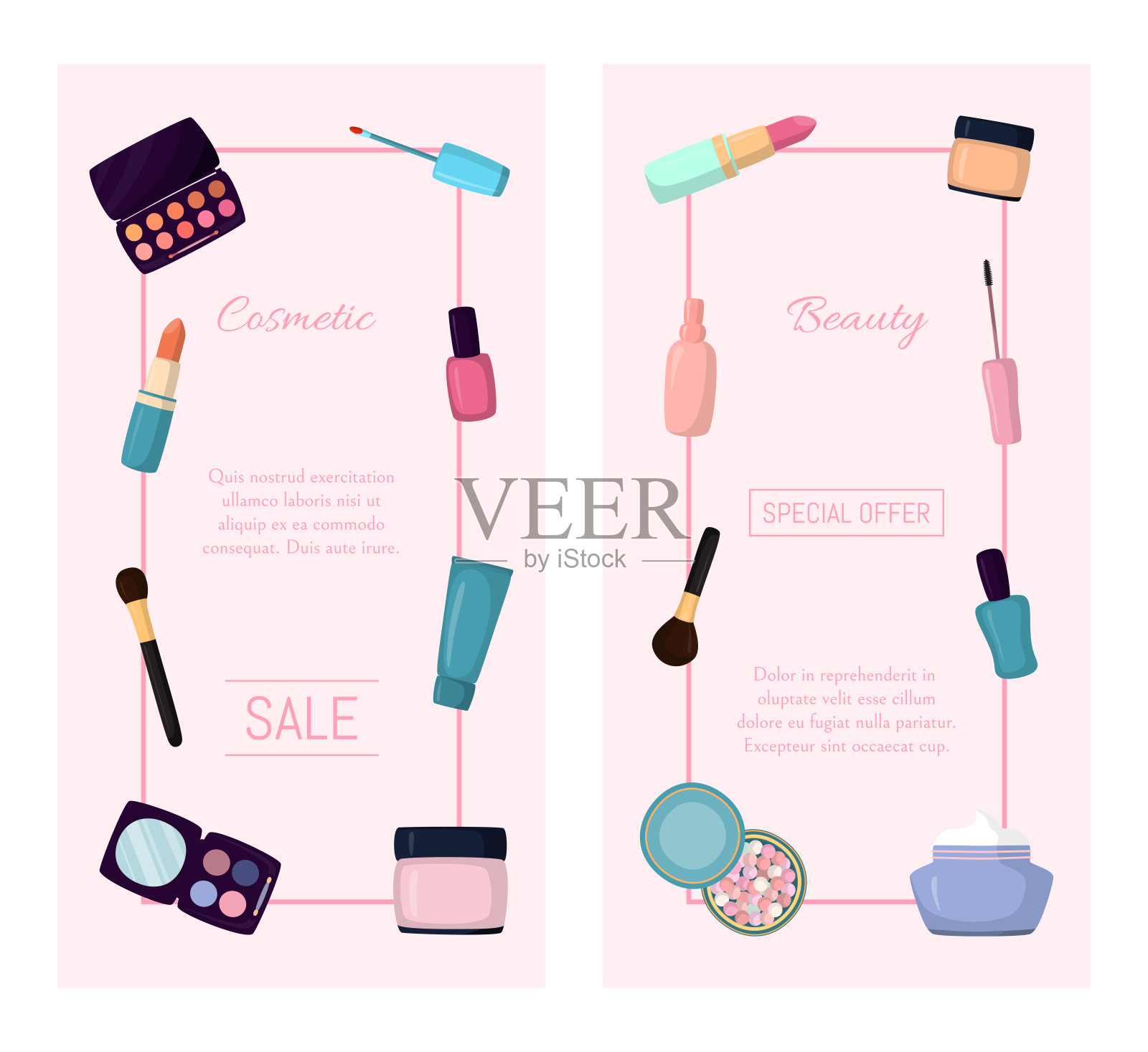 化妆袋,袋装化妆大师粉色石膏阴影,膏霜和口红,设计平面矢量插图设计模板素材