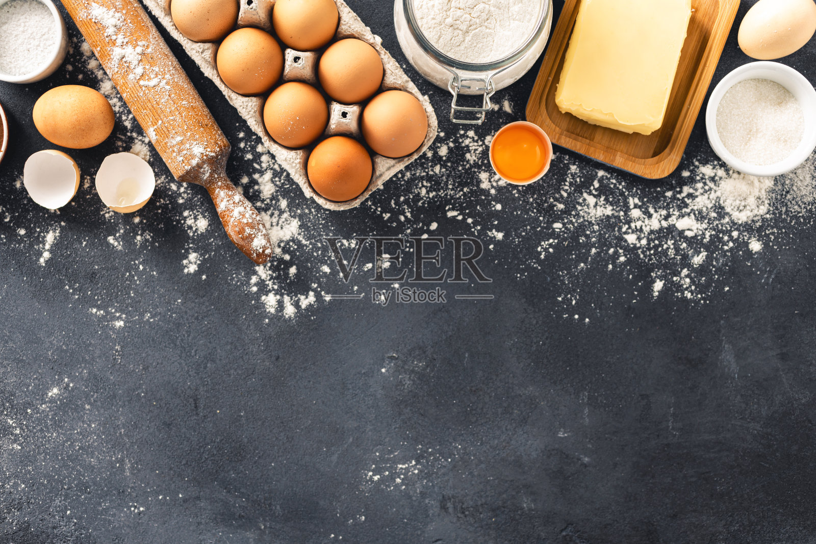 配料烹饪馅饼与拷贝空间面包房背景俯视图照片摄影图片