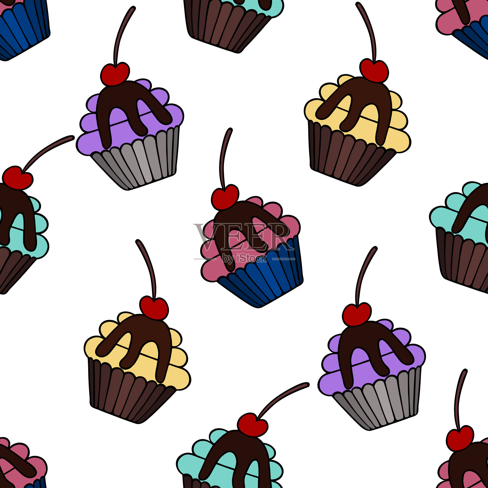 蛋糕。巧克力松饼。一种不断重复的装饰。无缝的矢量模式。孤立的无色的背景。樱桃蛋糕装饰。卡通风格。设计元素图片
