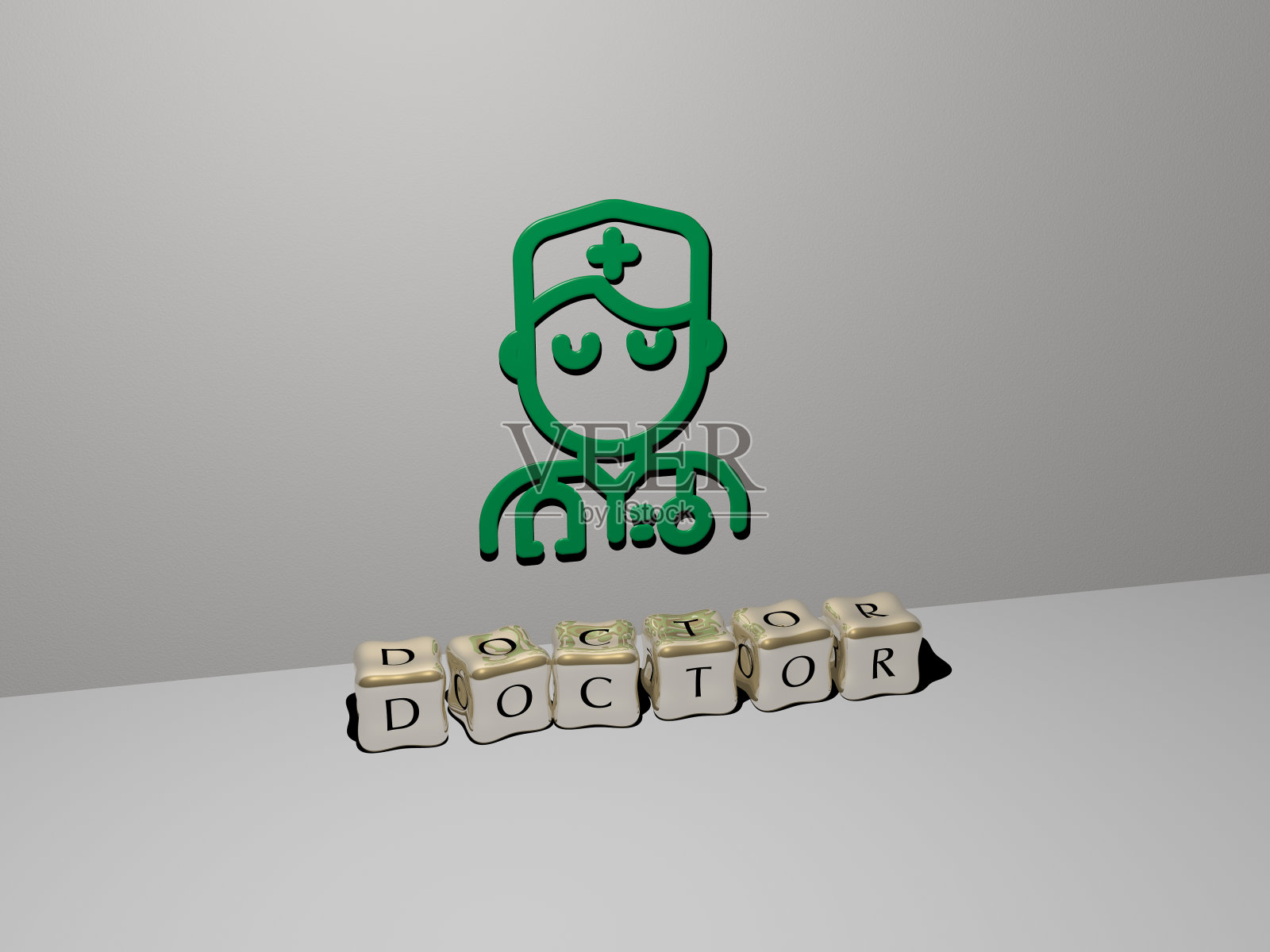 3D插图博士图形和文字制作的金属骰子字母的相关含义的概念和表示。保健和诊所照片摄影图片