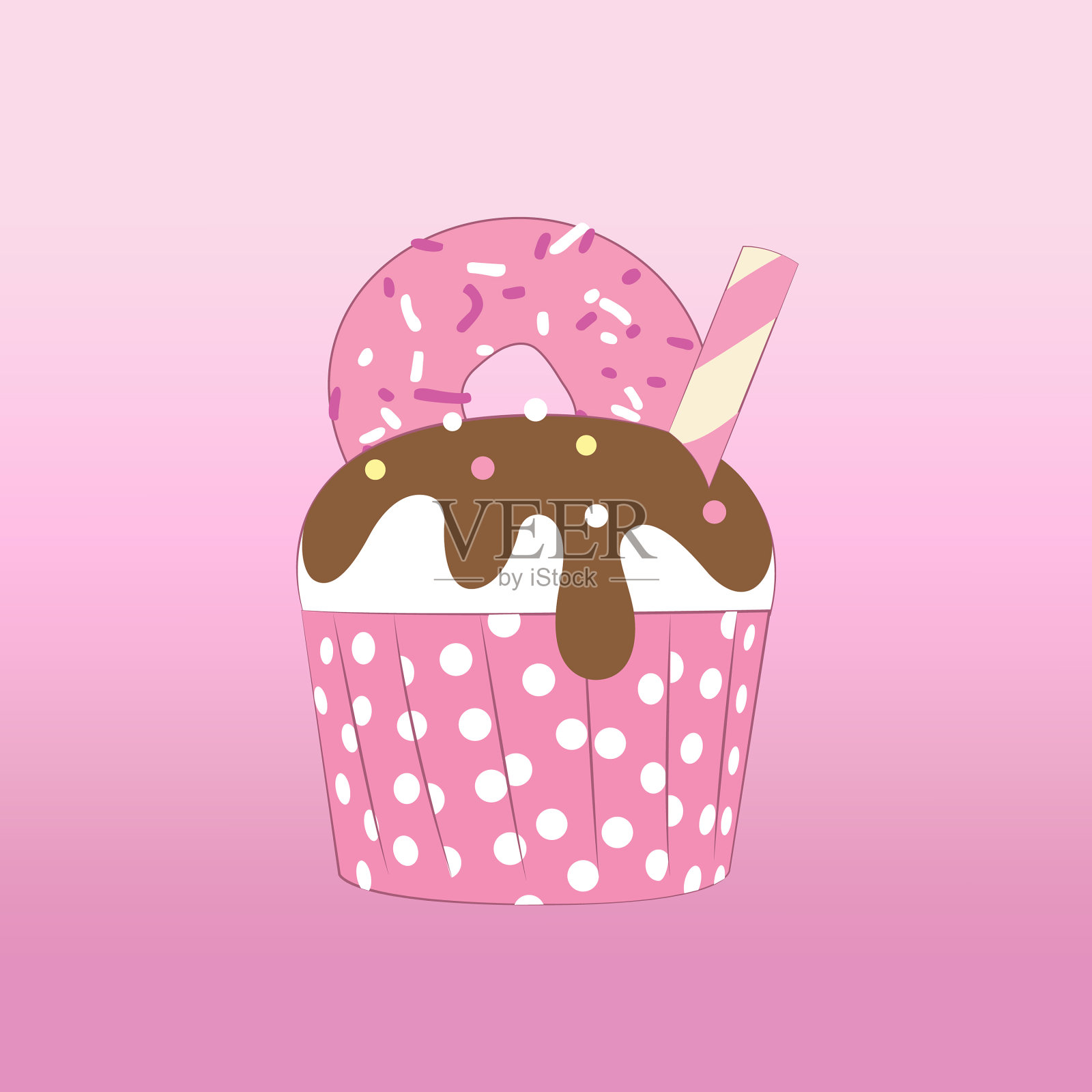 小蛋糕,甜甜圈上面有粉色的波尔卡朵插画图片素材