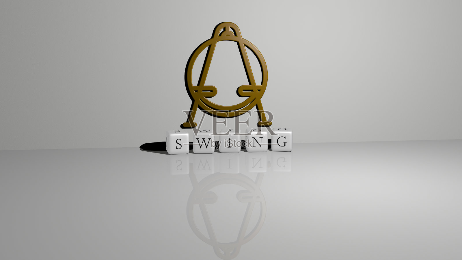 秋千的3D表现与图标在墙上和文本安排由金属立方体字母在镜子地板上的概念含义和幻灯片演示。美丽的女孩照片摄影图片