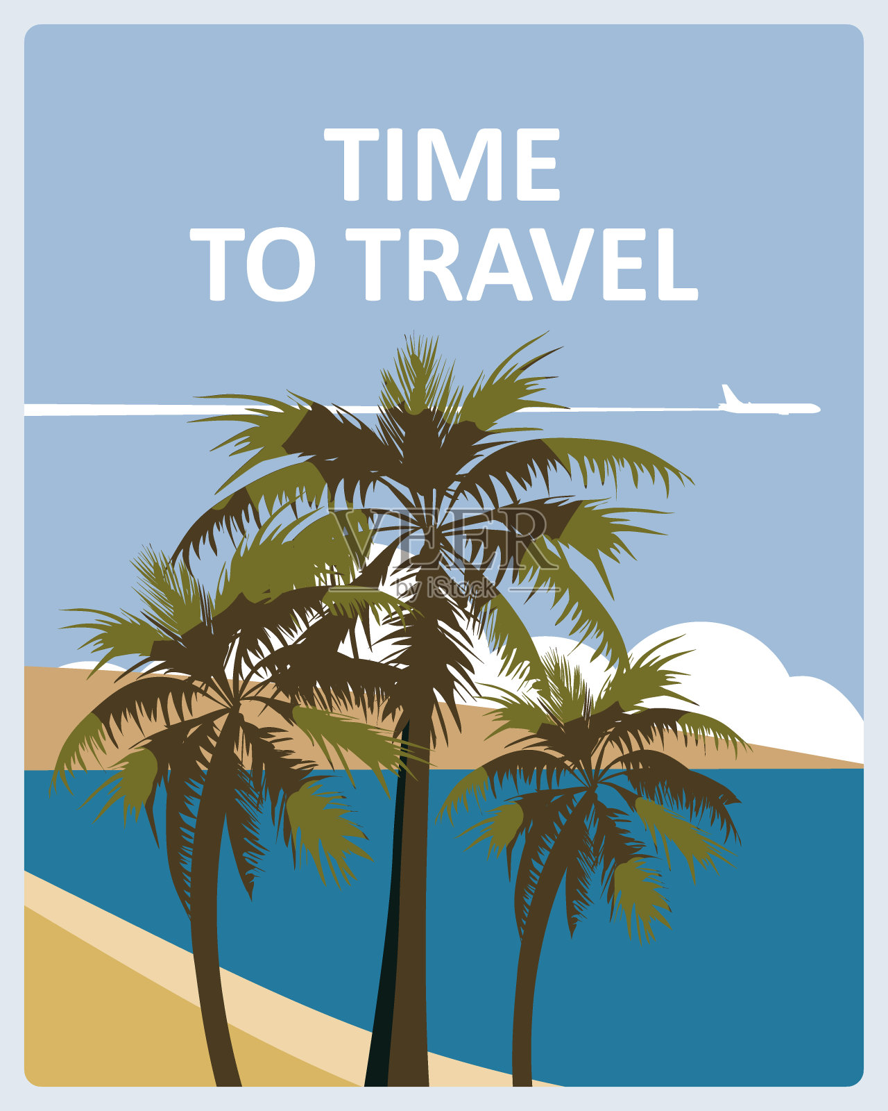 旅行时间海报假日夏季热带海滩度假。海边风景棕榈树平面。矢量插图孤立插画图片素材