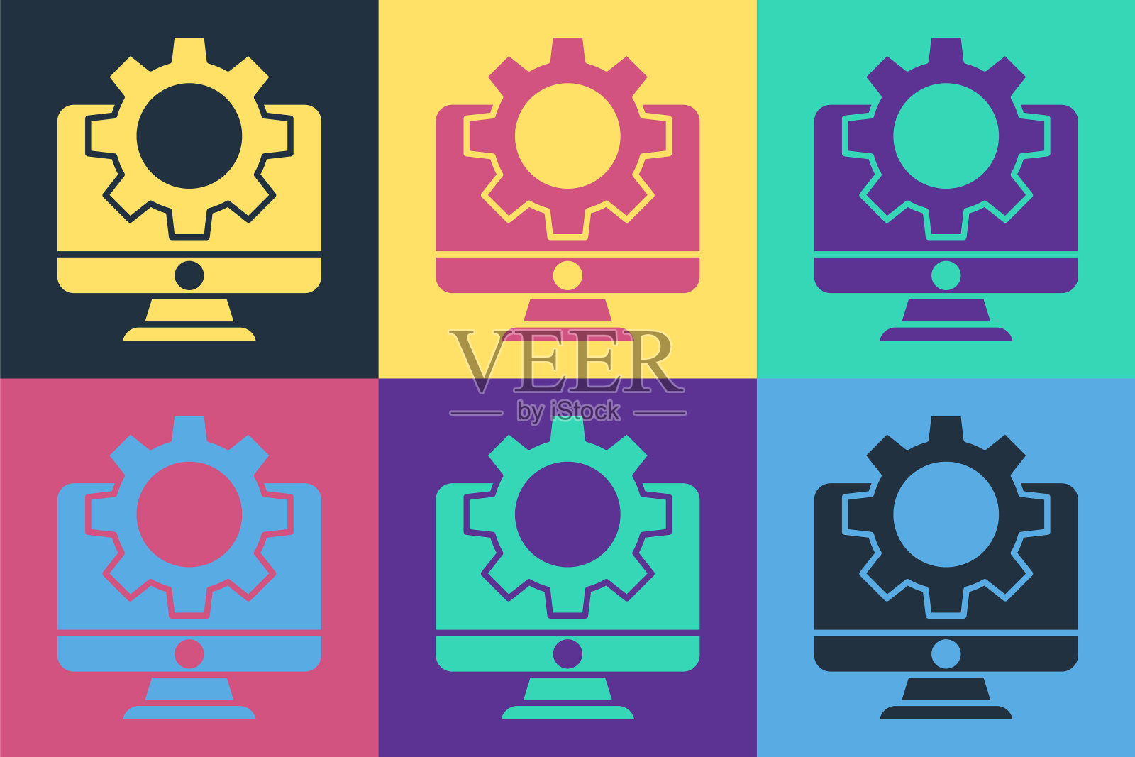 波普艺术电脑显示器和齿轮图标隔离的颜色背景。调整,服务,设置,维护,修理,固定。矢量图图标素材