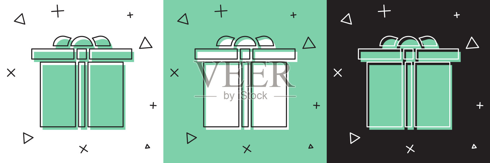 设置礼盒图标孤立在白色和绿色,黑色背景。生日快乐。矢量图插画图片素材