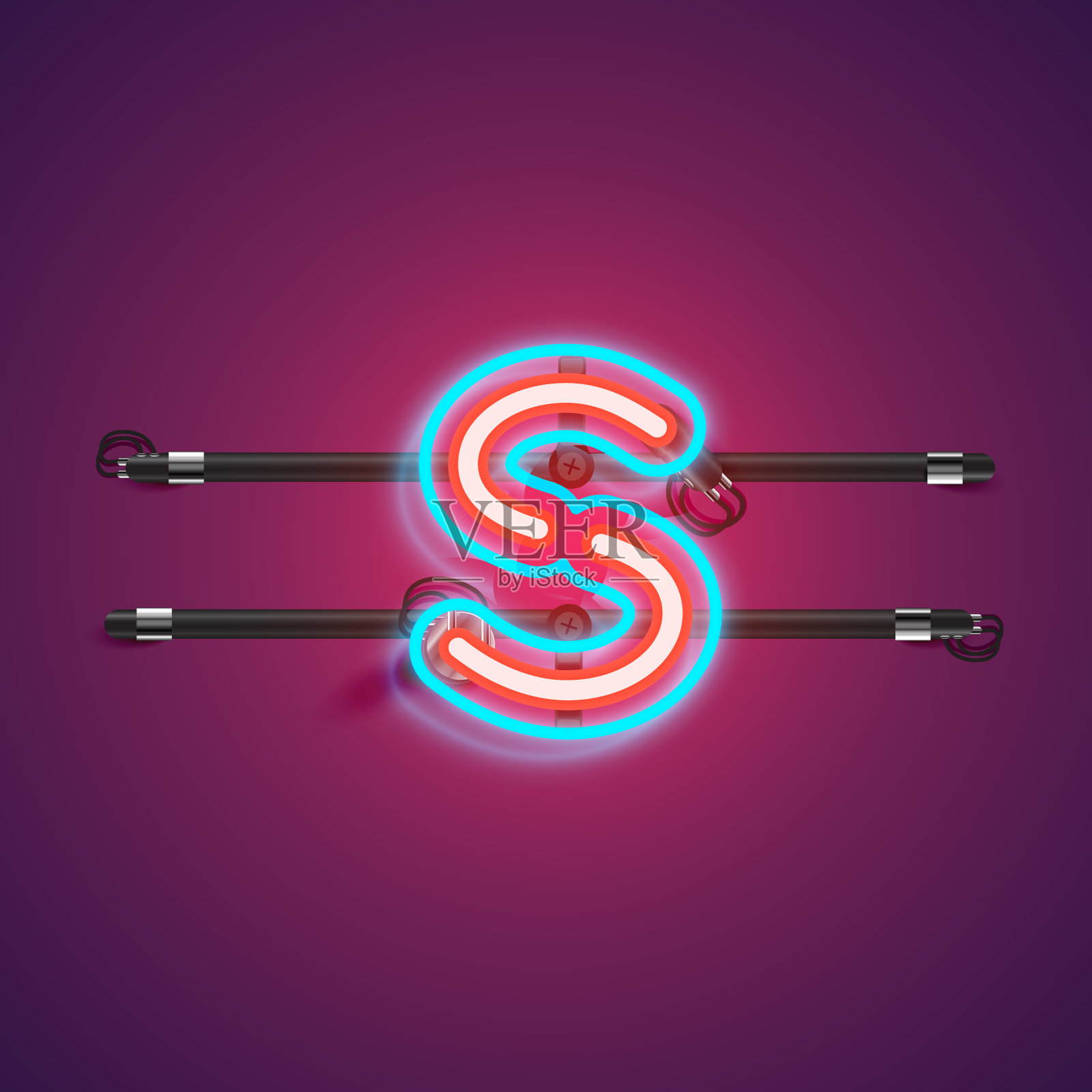 现实的发光双霓虹灯字符从一个字体与控制台,矢量插图插画图片素材