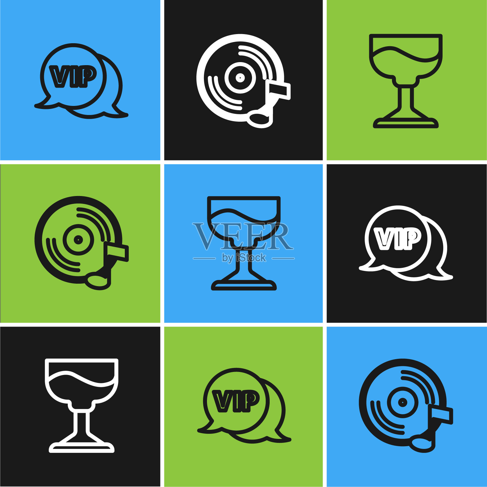 设置线Vip在语音气泡,鸡尾酒和唱片图标。向量插画图片素材