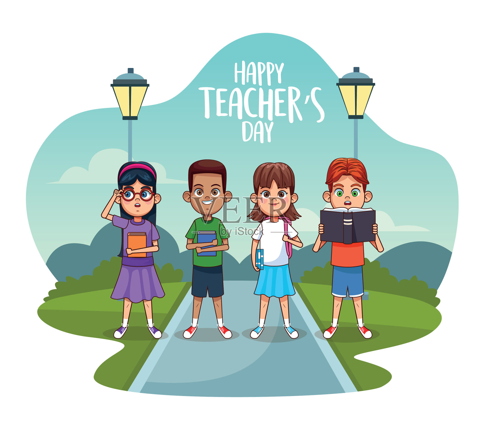 教师节快乐卡随同学们在一起插画图片素材