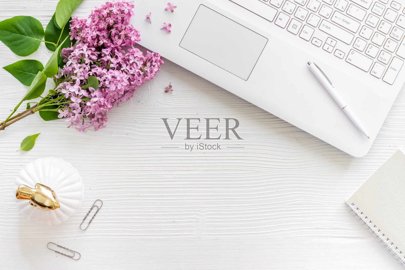 平铺办公桌桌上摆着茉莉花花束。工作区与笔记本电脑照片摄影图片