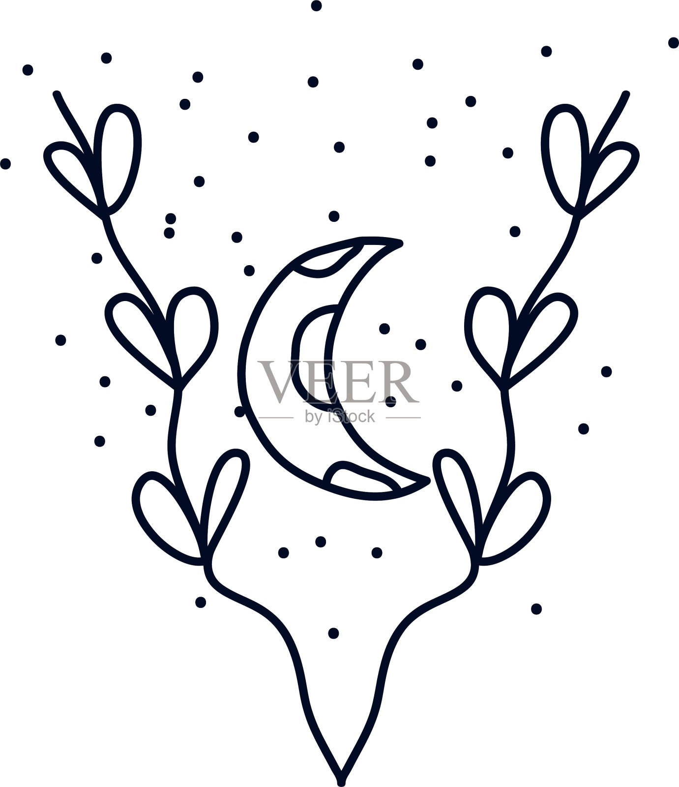 树叶和月亮图标线条风格极简插画图片素材