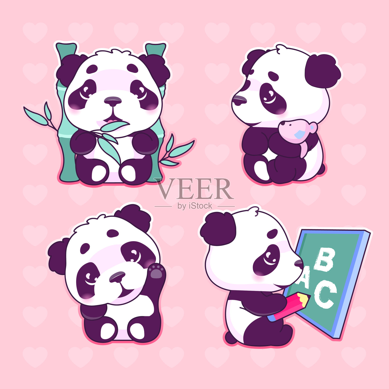 可爱的熊猫卡哇伊卡通人物设置可爱插画图片素材