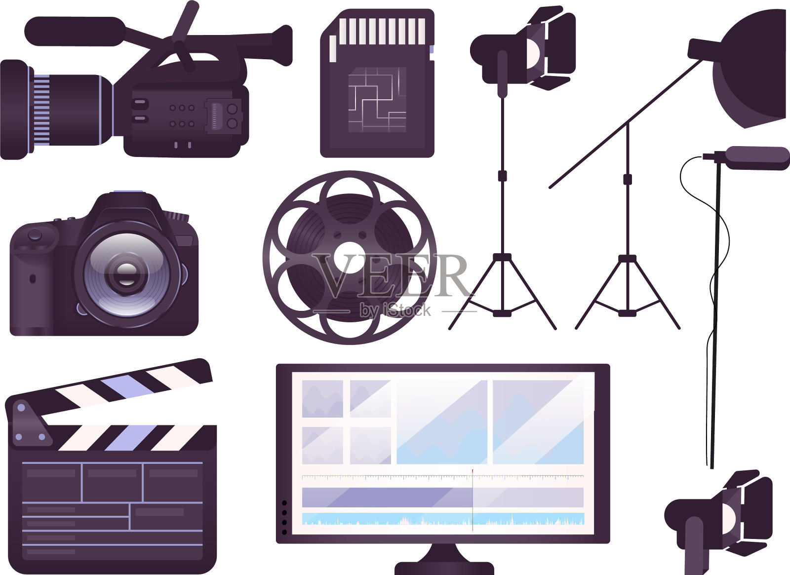 视频制作设备平面概念图标集图标素材