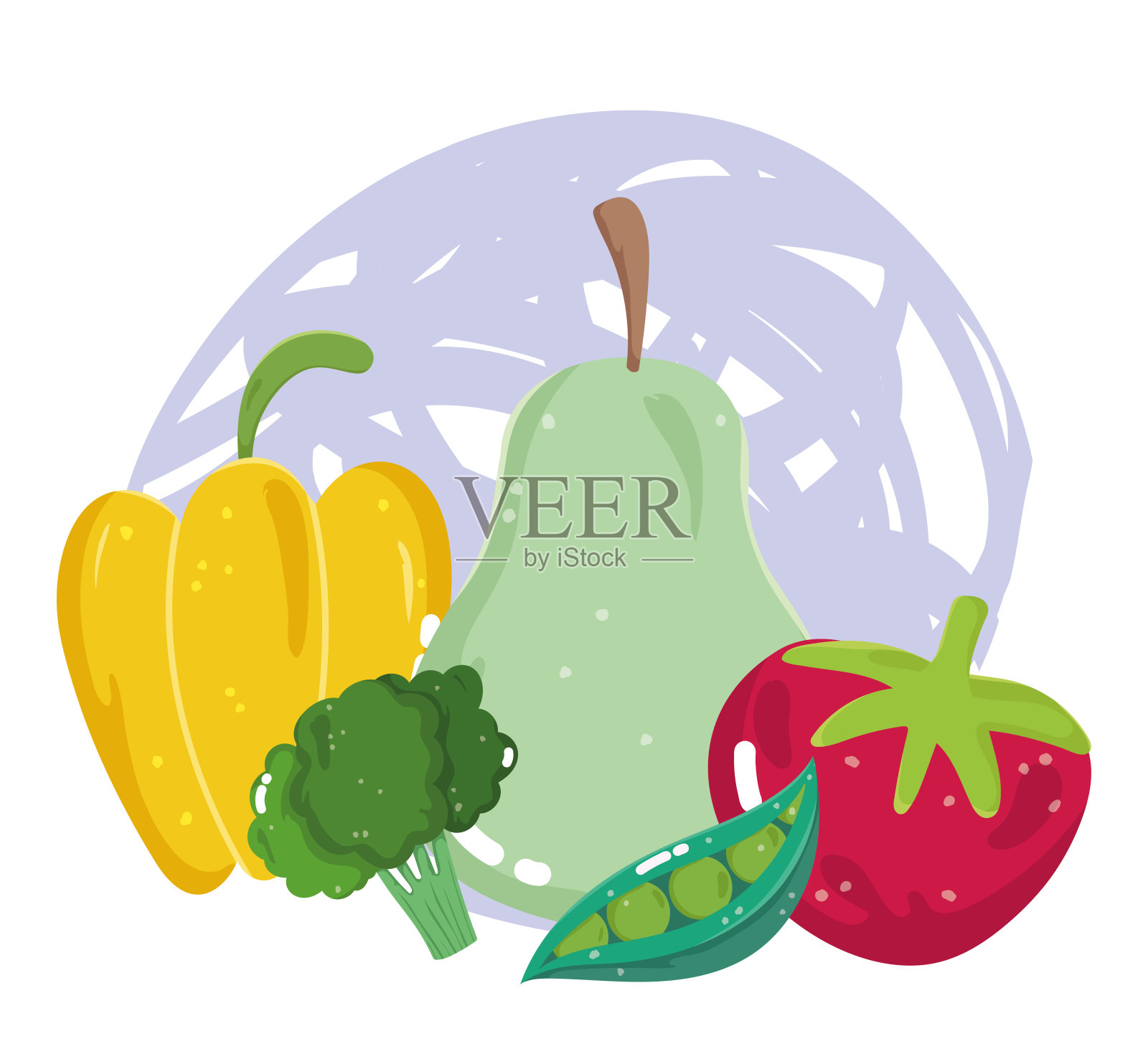 食物蔬菜和水果,梨,辣椒,西红柿,花椰菜和豌豆菜单上的新鲜饮食成分插画图片素材