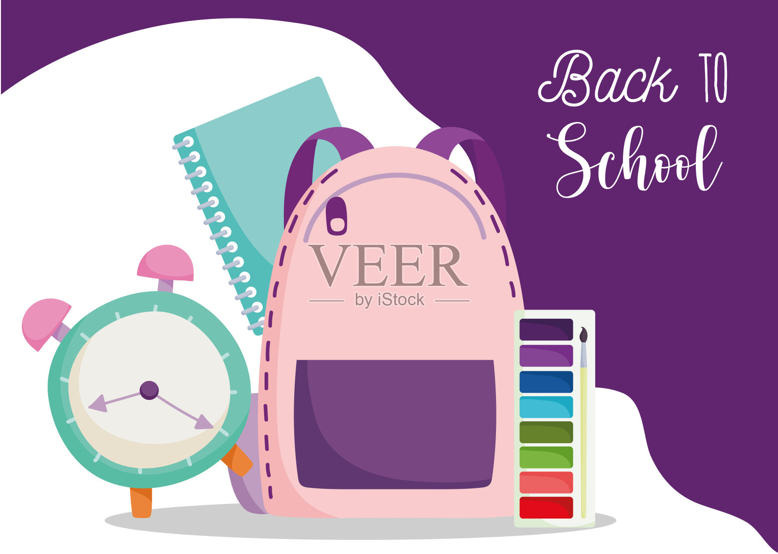 回到学校,背包时钟笔记本和调色板小学教育卡通插画图片素材