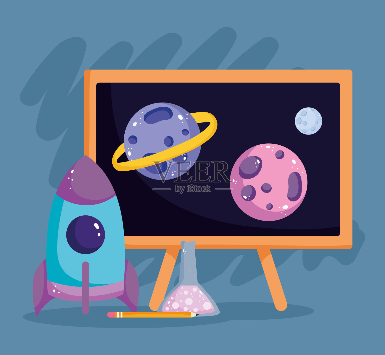 回到学校,黑板科学行星和火箭小学教育卡通插画图片素材