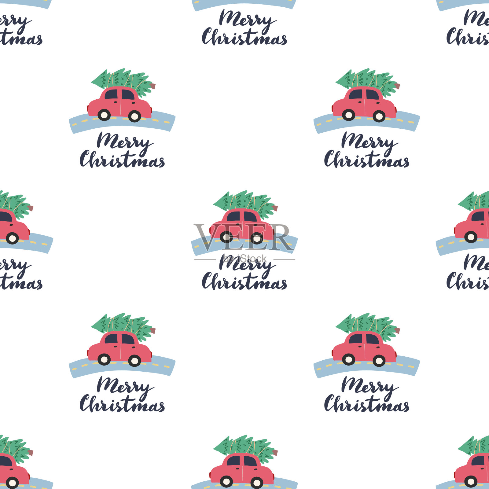 圣诞节无缝图案与红色汽车和圣诞树的屋顶。插画图片素材