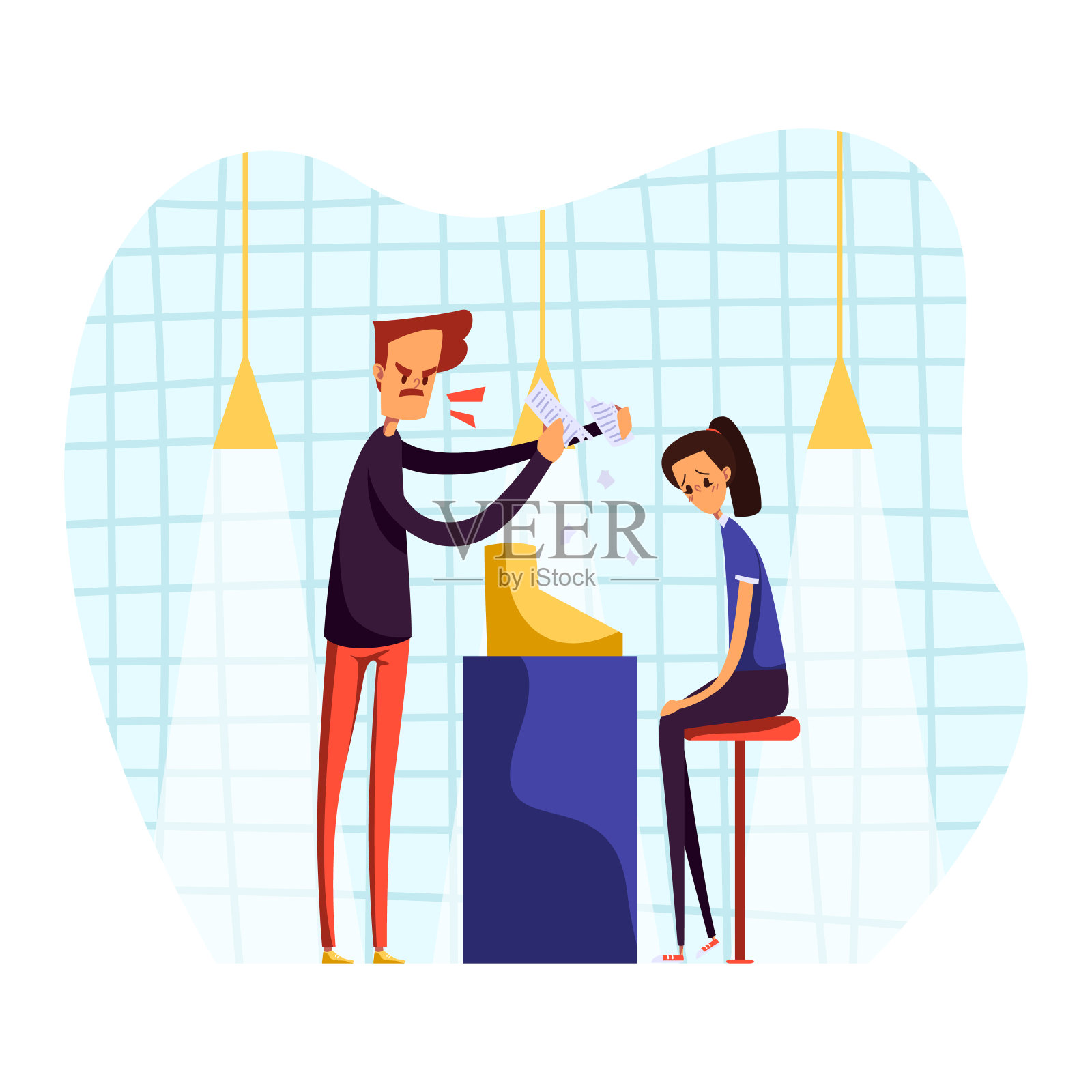 争吵中的人们矢量图:卡通扁平愤怒老板斥责工作不佳的女员工插画图片素材