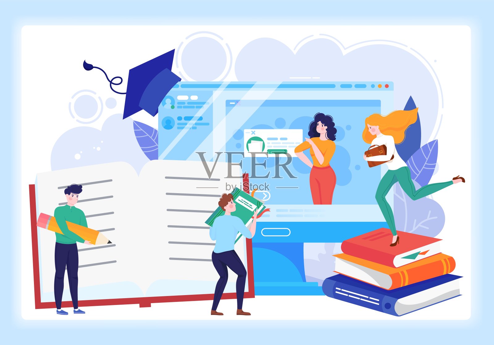 教育在线、教育网络研讨会、网络课程、专业个人教师服务矢量插图。书和小人。插画图片素材