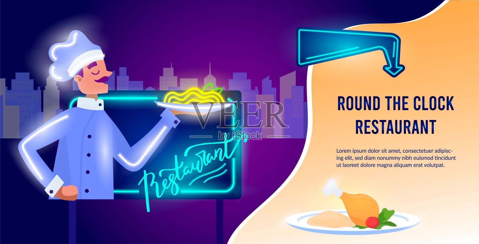 餐厅霓虹横幅与厨师烹饪食物在夜晚城市景观平面设计矢量插图。餐厅或夜间咖啡馆的招牌。插画图片素材