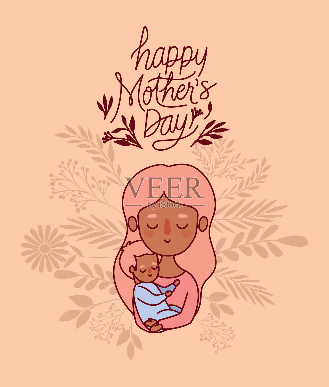 妈妈和印有树叶图案的培根漫画插画图片素材