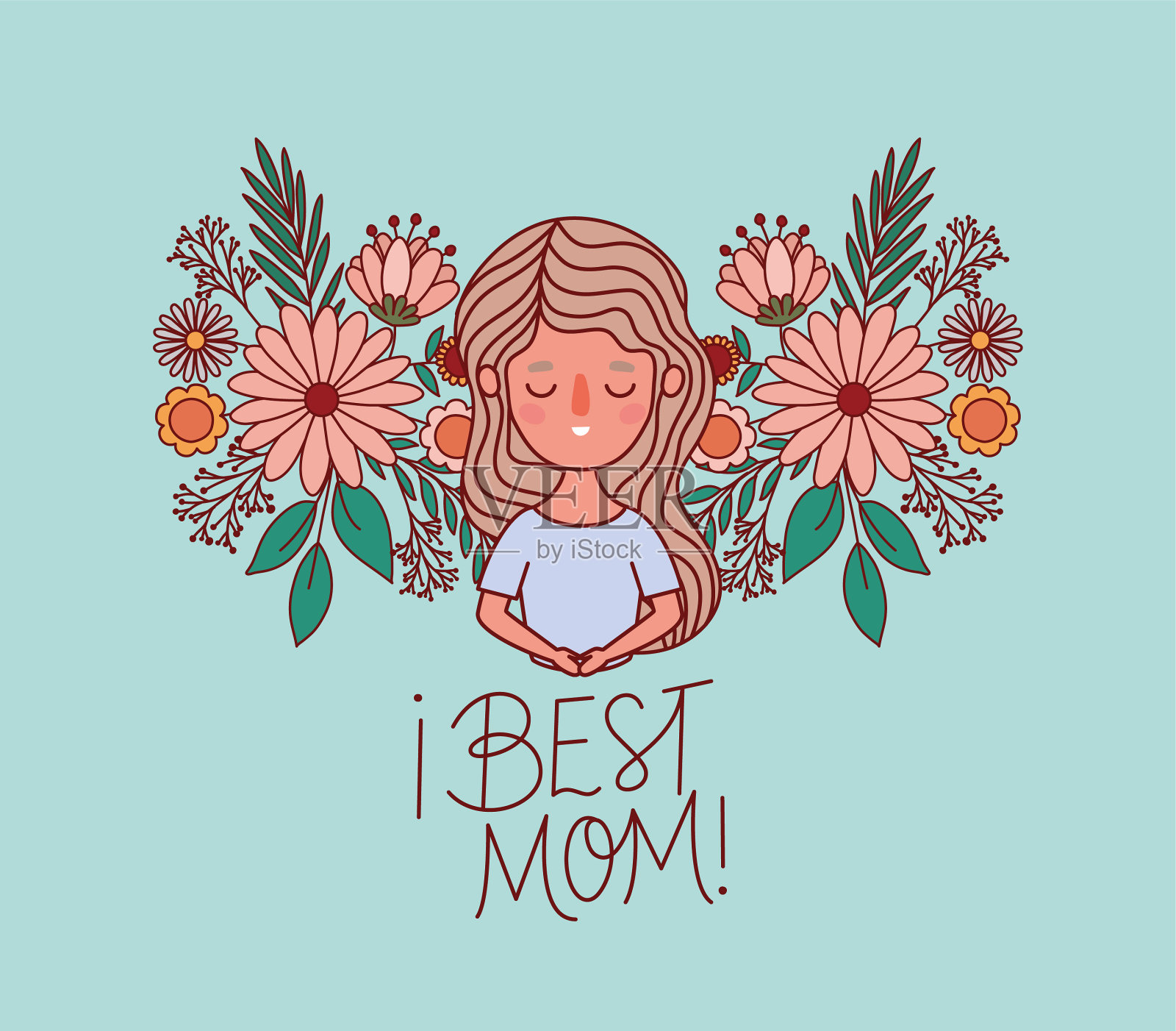 妈妈用鲜花和树叶的漫画插画图片素材