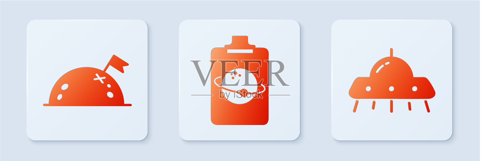 设置行星行星与旗帜和UFO飞行图标素材