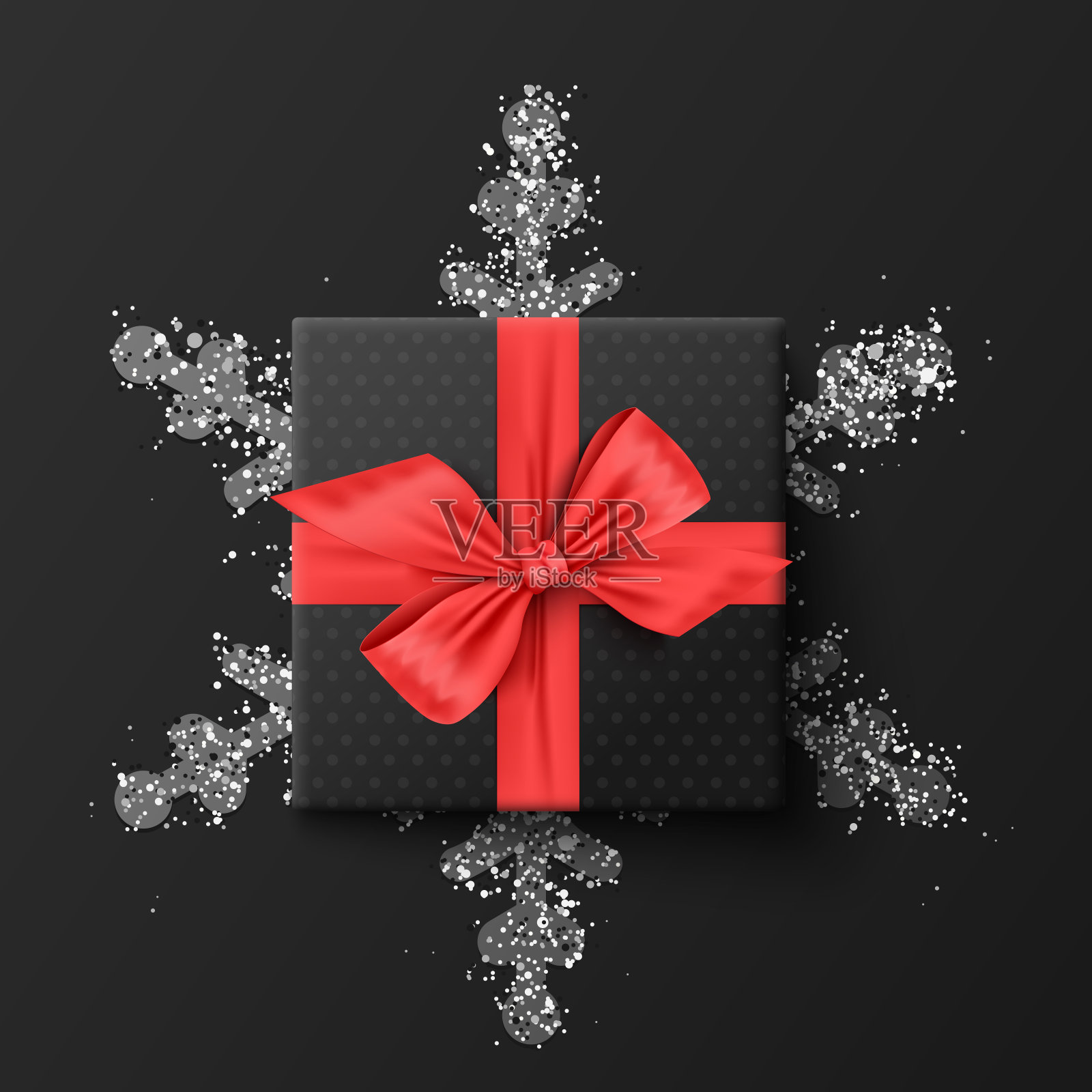 黑色礼盒。在银色的雪花上。在黑暗的背景下插画图片素材