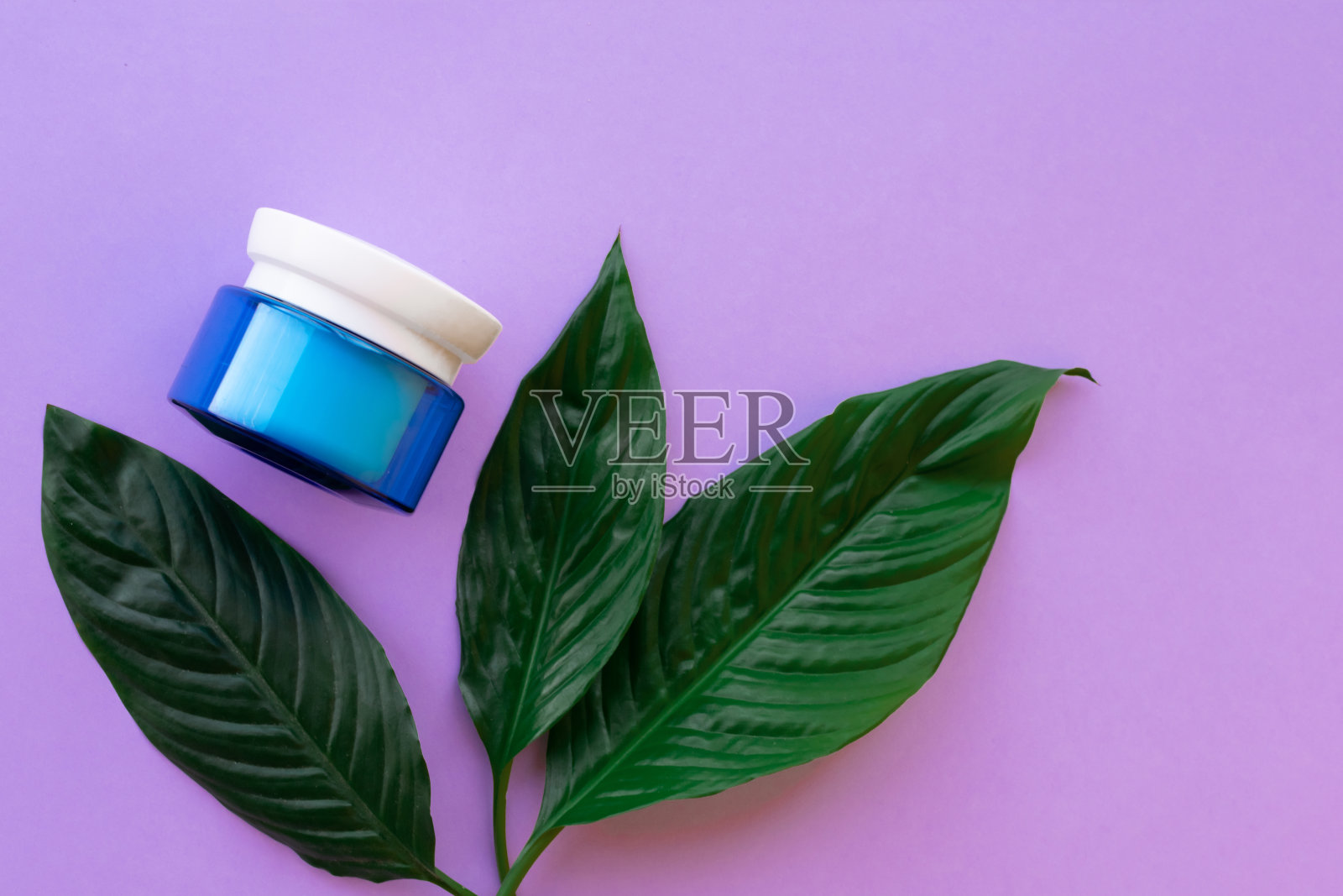柔软的白色奶油在蓝色罐子与明亮的绿色叶子在紫色的背景与复制空间。水疗和程序在家。照片摄影图片