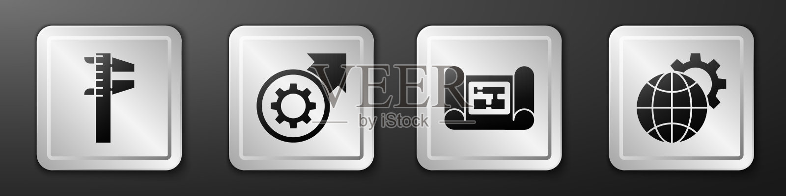 设置卡尺或卡尺和刻度,齿轮和箭头作为工作流程,房子计划和地球和齿轮图标。银广场按钮。向量图标素材