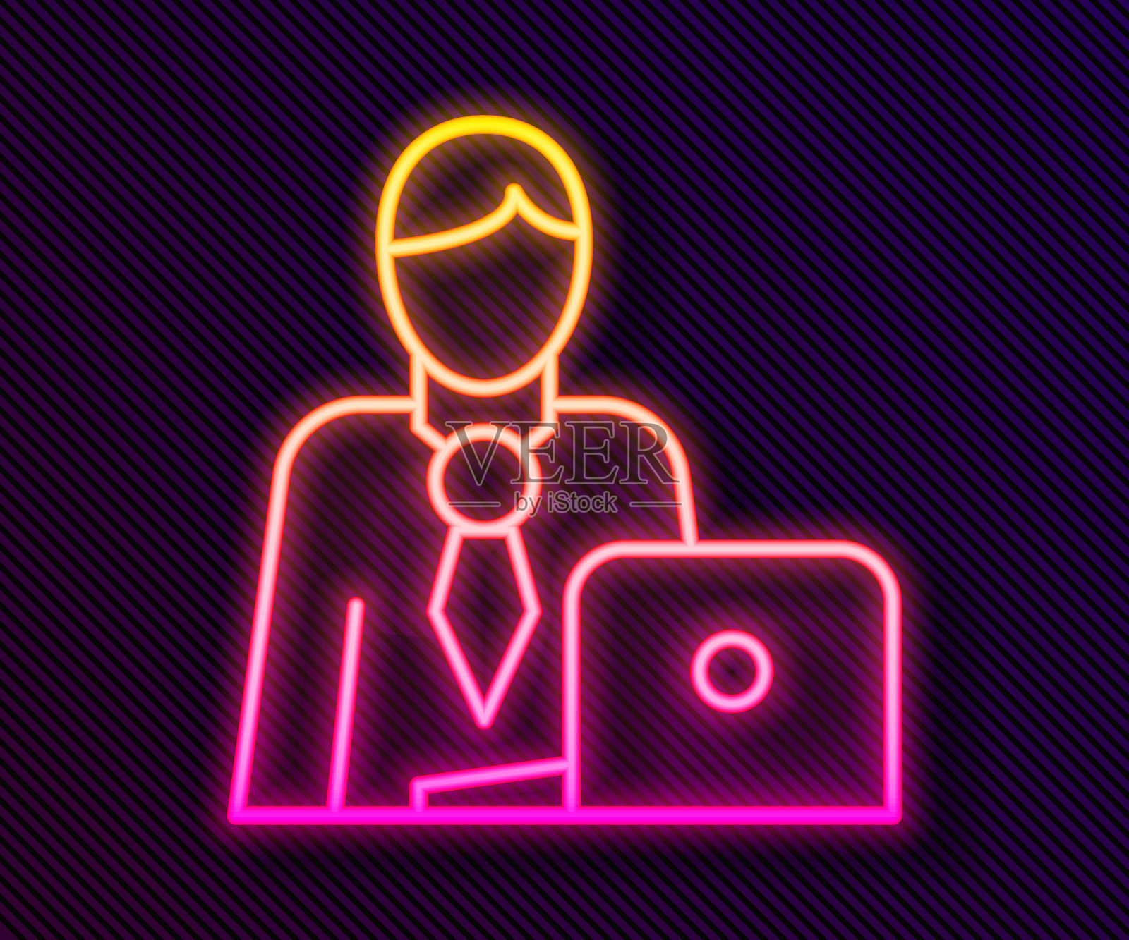 发光的霓虹线商人图标孤立在黑色背景。商业头像符号用户配置文件图标。男性用户的信号。向量插画图片素材