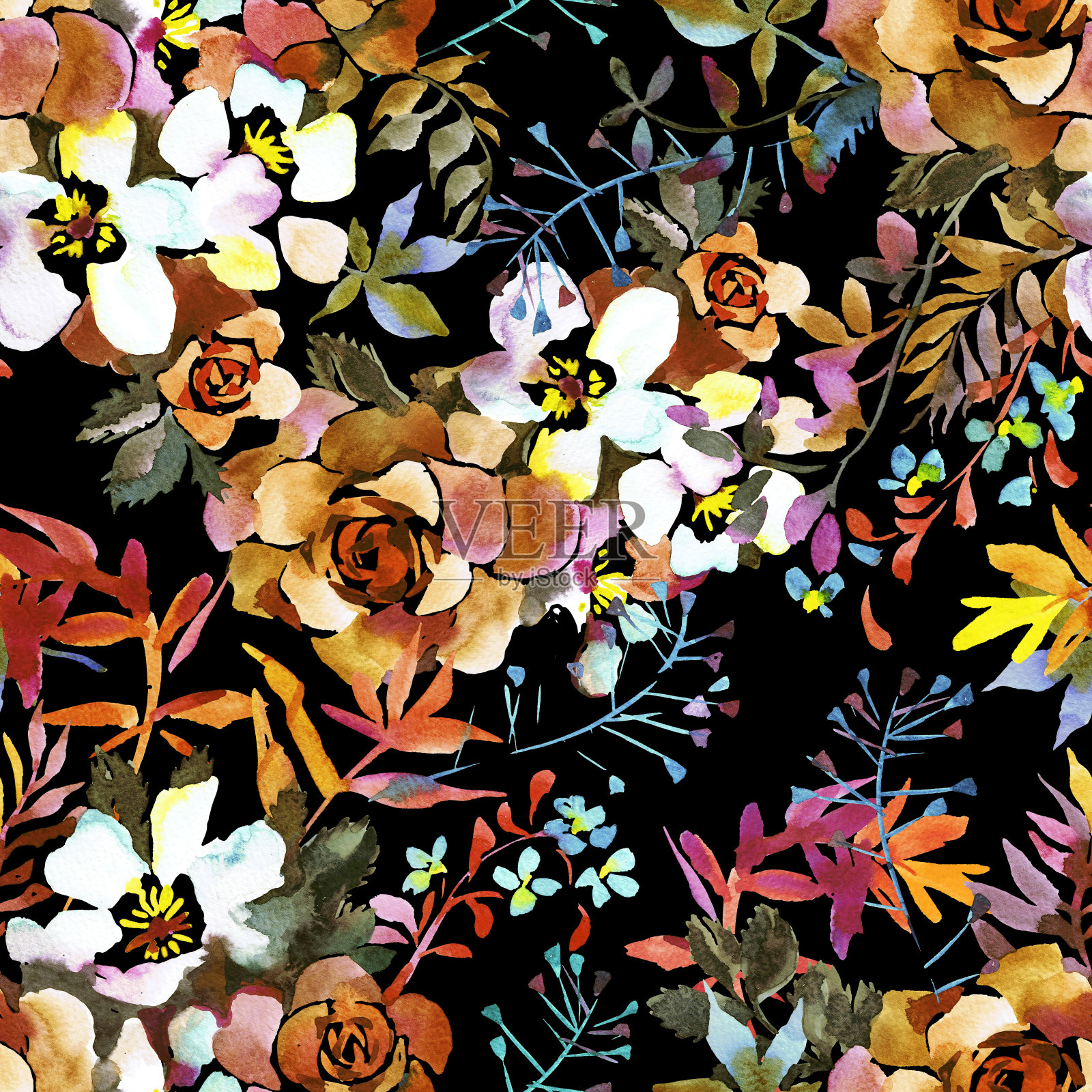 植物无缝模式。明亮的水彩画大玫瑰混合草地花,叶子,树枝和草药。复古风格的花卉背景。自然夏季主题。插画图片素材