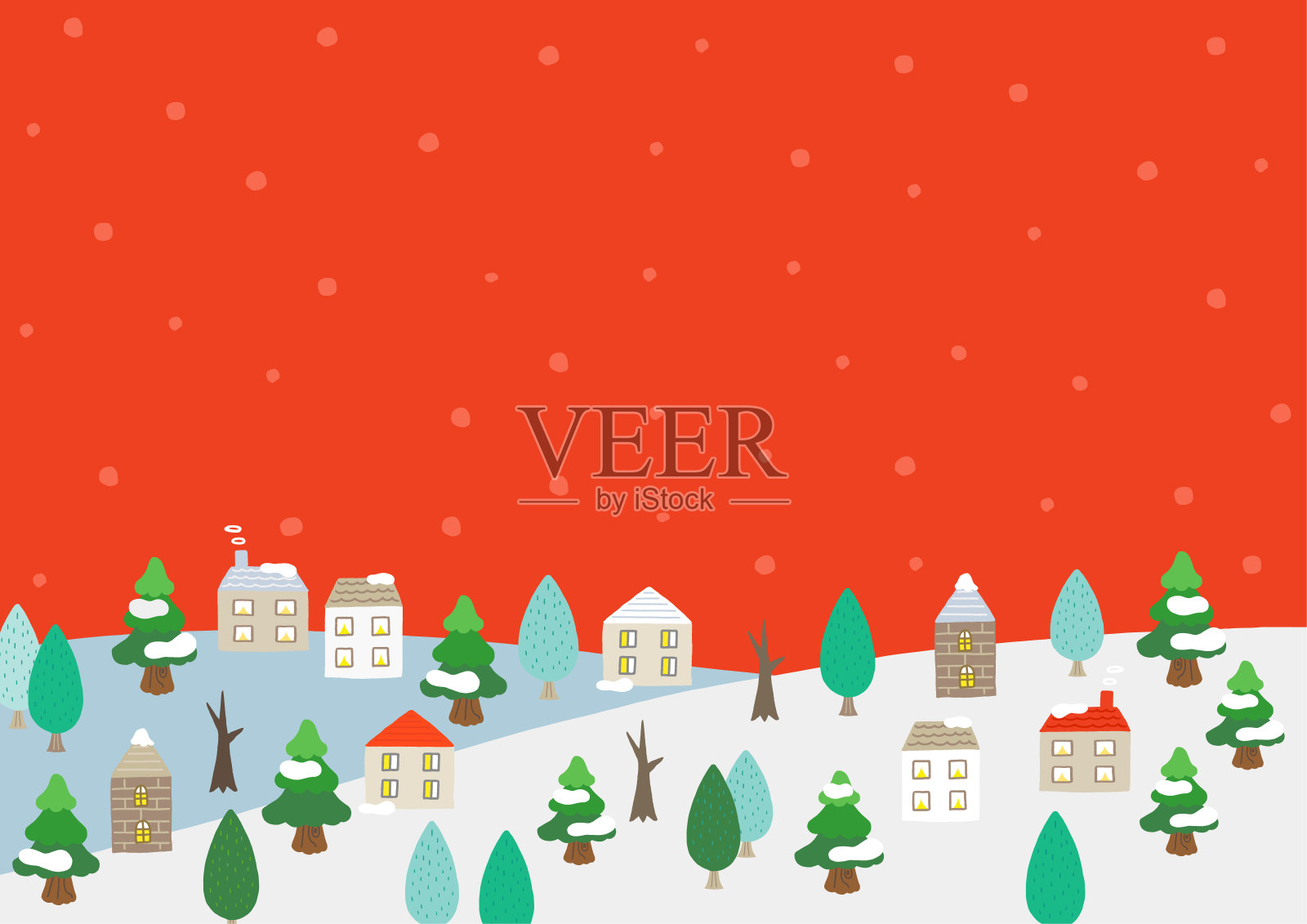 圣诞雪街景雪树和房子在雪红色的背景插画图片素材