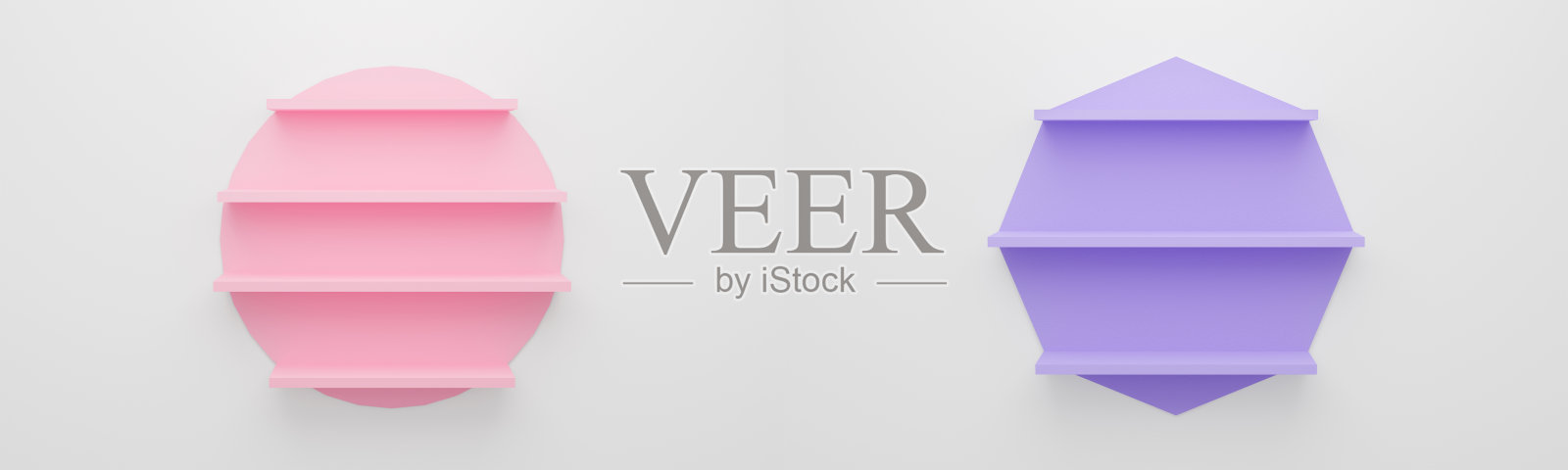 3d粉红色商店货架挂在墙上的模型在工作室房间。淡色背景上的空书架在书店紫色的室内抽象。3d渲染显示,展示。情人节主题的设计。照片摄影图片